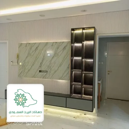 رفوف خشب مع الواح رخام صناعي للجدران